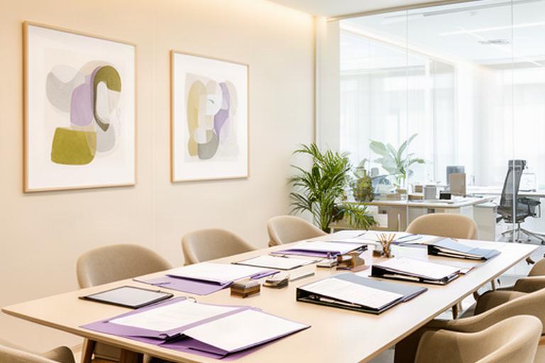Interior luminoso de un despacho de abogados en Murcia con mesa de reunión y documentación ordenada
