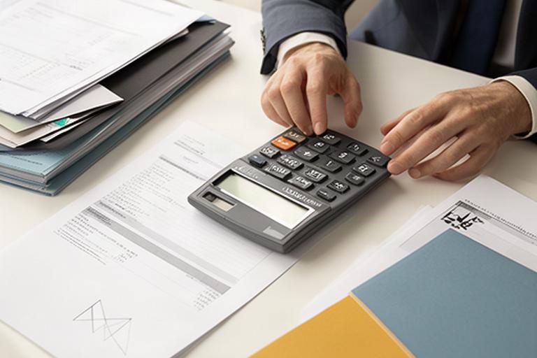 Profesional jurídico revisando documentos fiscales y una calculadora en una oficina de Murcia
